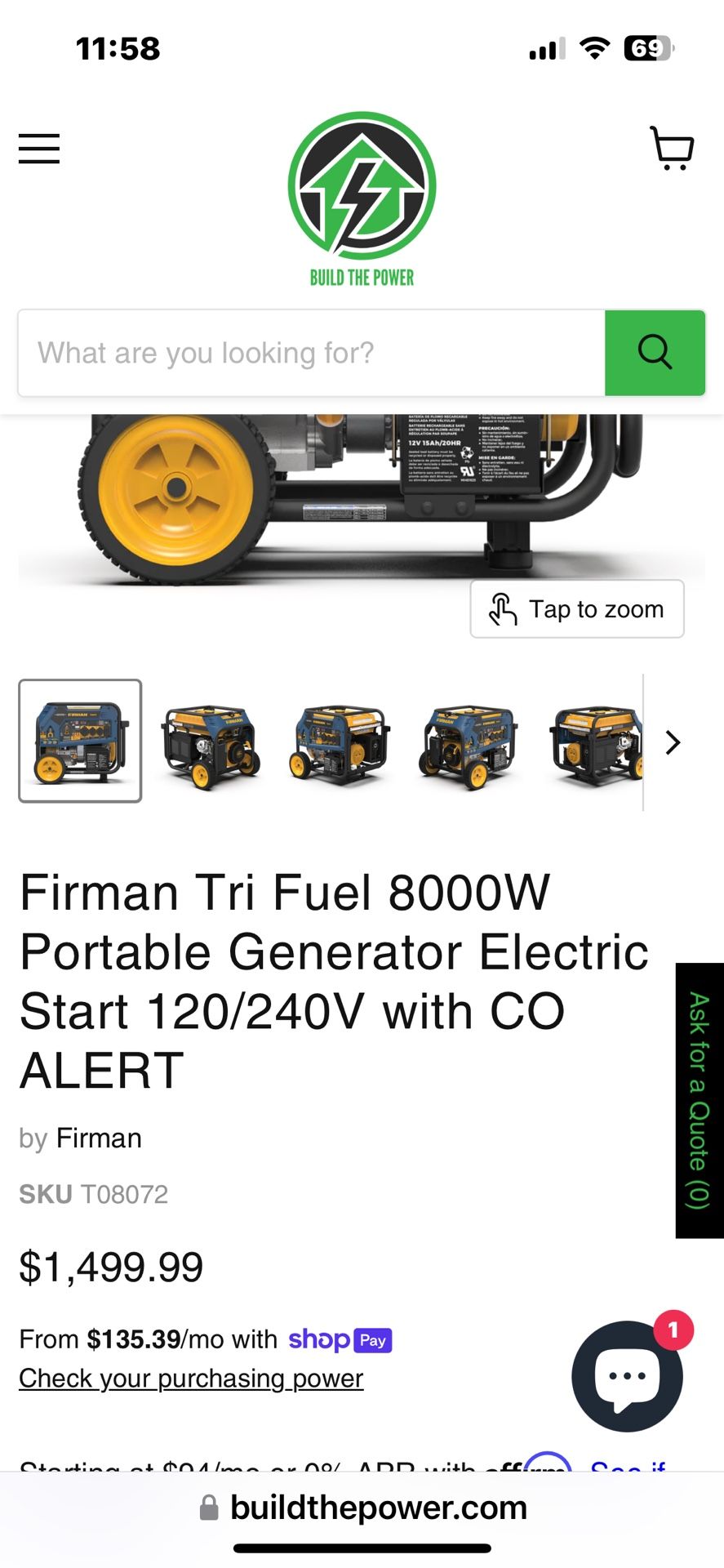 FIRMAN T08071 tri fuel 9.400Watt Portable generator ability to run off of gasoline, propane, or natural gas with an electric starter