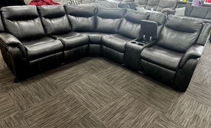 Black Leather Reclining Sectional with Console