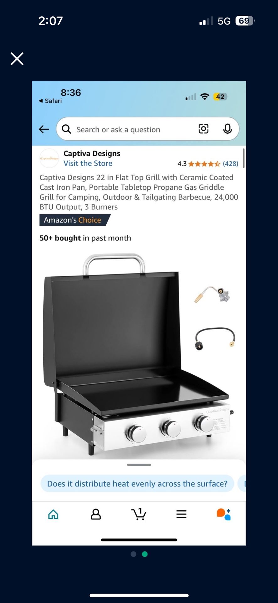 Captiva Designs 22 in Flat Top Grill with Ceramic Coated Cast Iron Pan, Portable Tabletop Propane Gas Griddle Grill for Camping, Outdoor & Tailgating