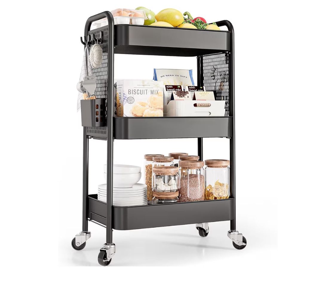 TOOLF 3 Tier Rolling Cart Storage Organizer, Metal Rolling Utility Car with Wheels, Hooks & Bins Esthetician Art Sturdy Storage with Pegboard for Bath