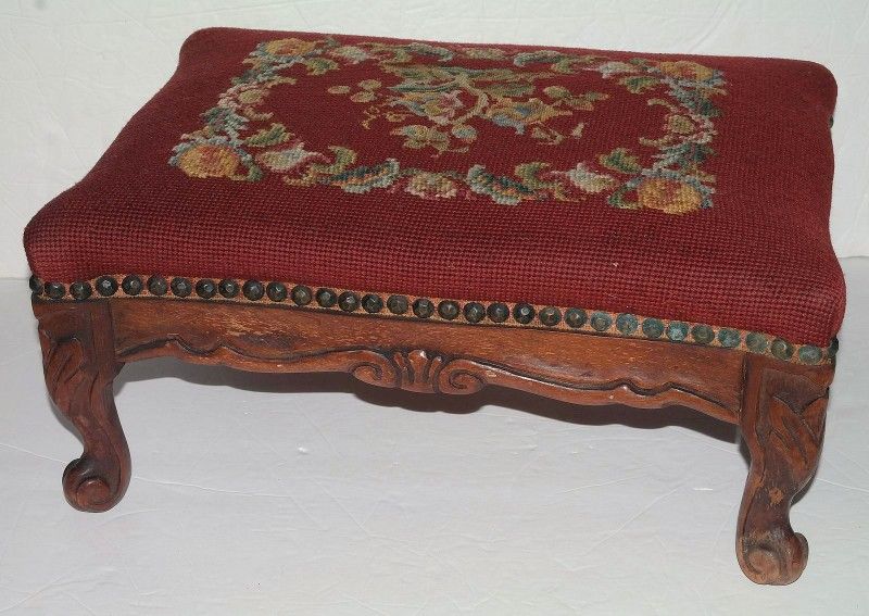 VTG Carved Wood Footstool, Foot Rest, Seat, Emboidered, Needlepoint Victorian