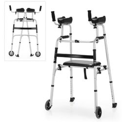 New Costway Foldable Aluminum Alloy Walker Wheel Walking Frame with Seat & Armrest Pad