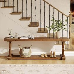 59" Solid Wood Entryway Bench, 2-Tier Foyer Shoe Bench With Open Shelf