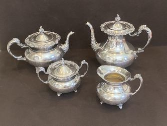 Antique ASCOT Sheffield Design SILVER Plate Coffee & Tea Set by Community, Includes Hinged Coffee Pot, Tea Pot, Creamer and Lidded Sugar