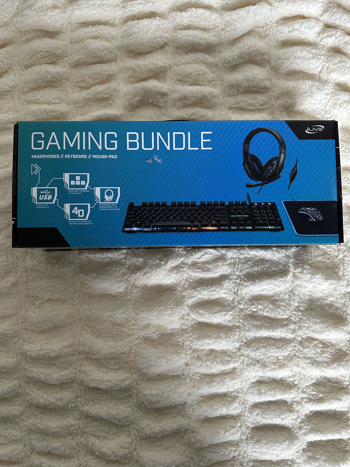Gaming Bundle Includes: Wired Keyboard, Wired Gaming Mouse & Mousepad, Wired Gaming Headphones. 