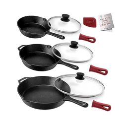 Cuisinel 8"+10"+12"-Inch Cast Iron Skillets Set with Glass Lids + Silicone Handle Holder Covers + Pan Scraper - Pre-Seasoned Oven Cookware