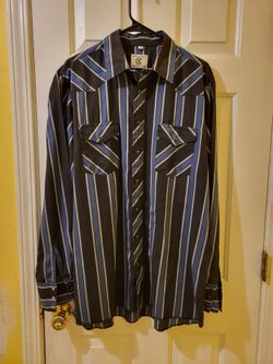 Vintage Corral West Ranchwear Pearl Snap Western Shirt LT Large Tall Striped Black Blue