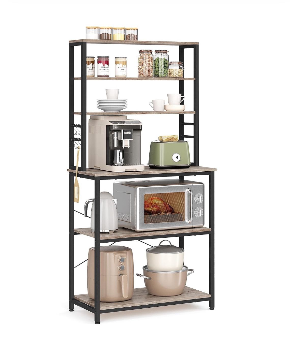 Coffee Bar, 31.5 Inches Baker's Rack for Kitchen with Storage, 6-Tier Kitchen Shelves with 6 Hooks, Microwave Stand, Industrial, Greige and Black UKKS