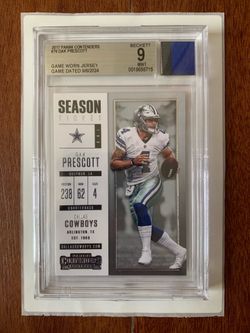 2017 PANINI CONTENDERS BECKETT #76 DAK PRESCOTT 9 GAME WORN JERSEY MINT GAME DATED 9/8/2024 001(contact info removed)