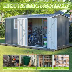 8x12 Ft Storage Shed Outdoor, XL Heavy-Duty Steel Building with Window – Features Hinged Gray Doors & 4 Air Vents for Backyard, Garden, Patio (Gray)