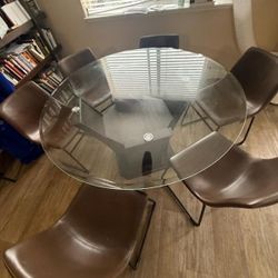Glass Dining Room Table W/ 6 Leather Chairs 