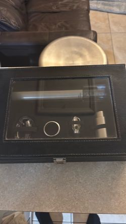 Black Leather Glass-Top Display Box with Wine Accessories