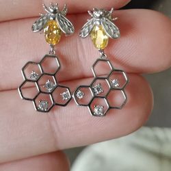 Honeycomb And Bee Drop Earrings 
