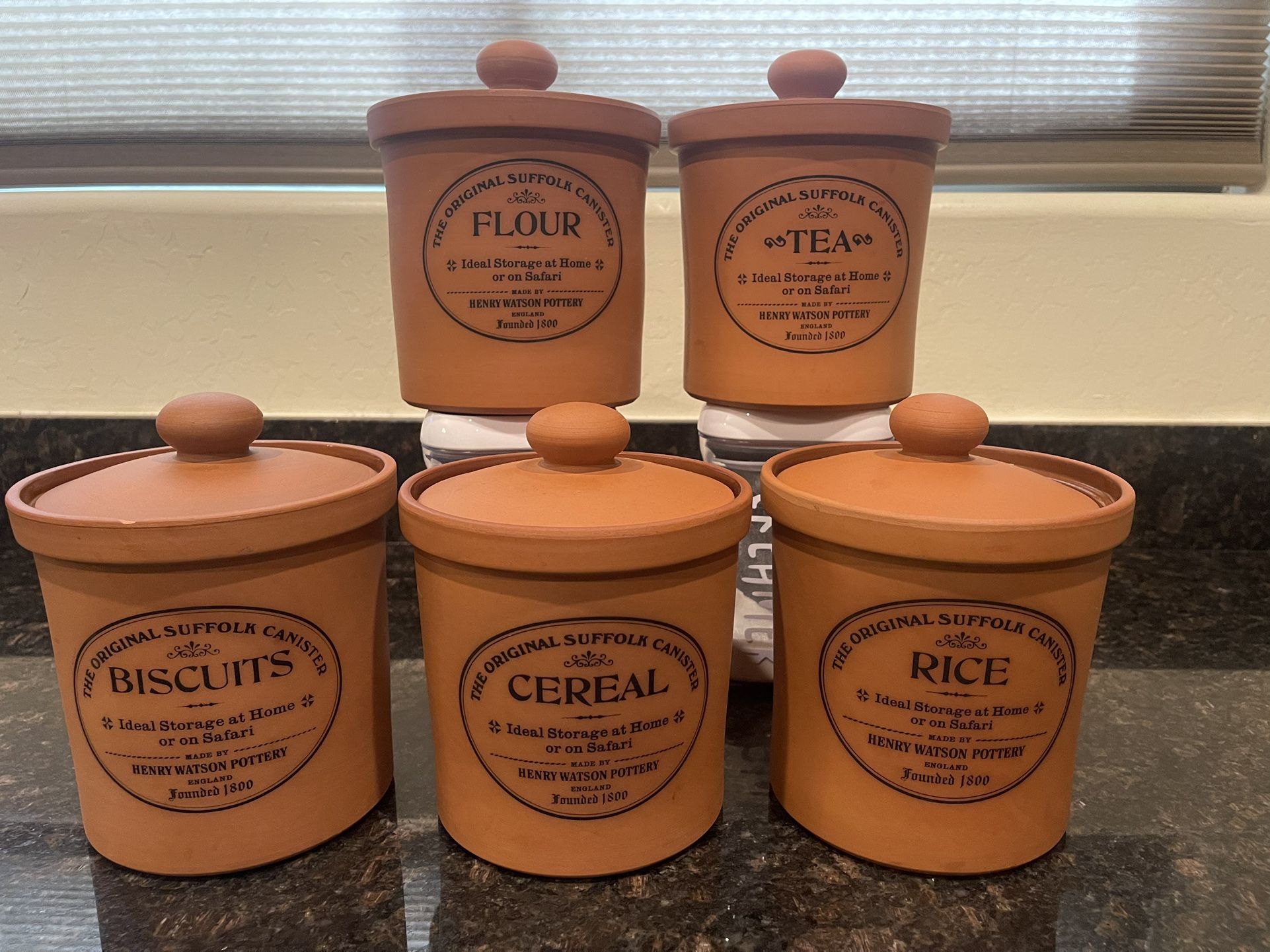 5 Original Suffolk Canisters with lids