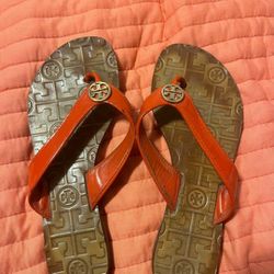 Tory Burch Designer Thora RED Orange Coral thongs Flip flops Sandals Size 6.5