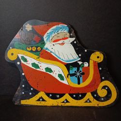 Vintage Painted Metal Santa Sign