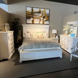 White King Bed, Dresser, Mirror And One Nightstand