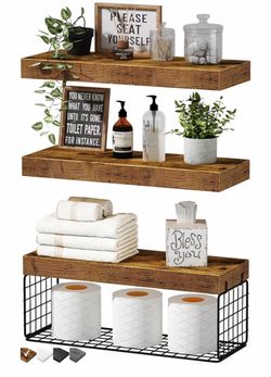 Floating Shelves With Wire Storage Basket - Dark Brown