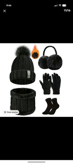 Black Winter Knit Hat Scarf Gloves Set