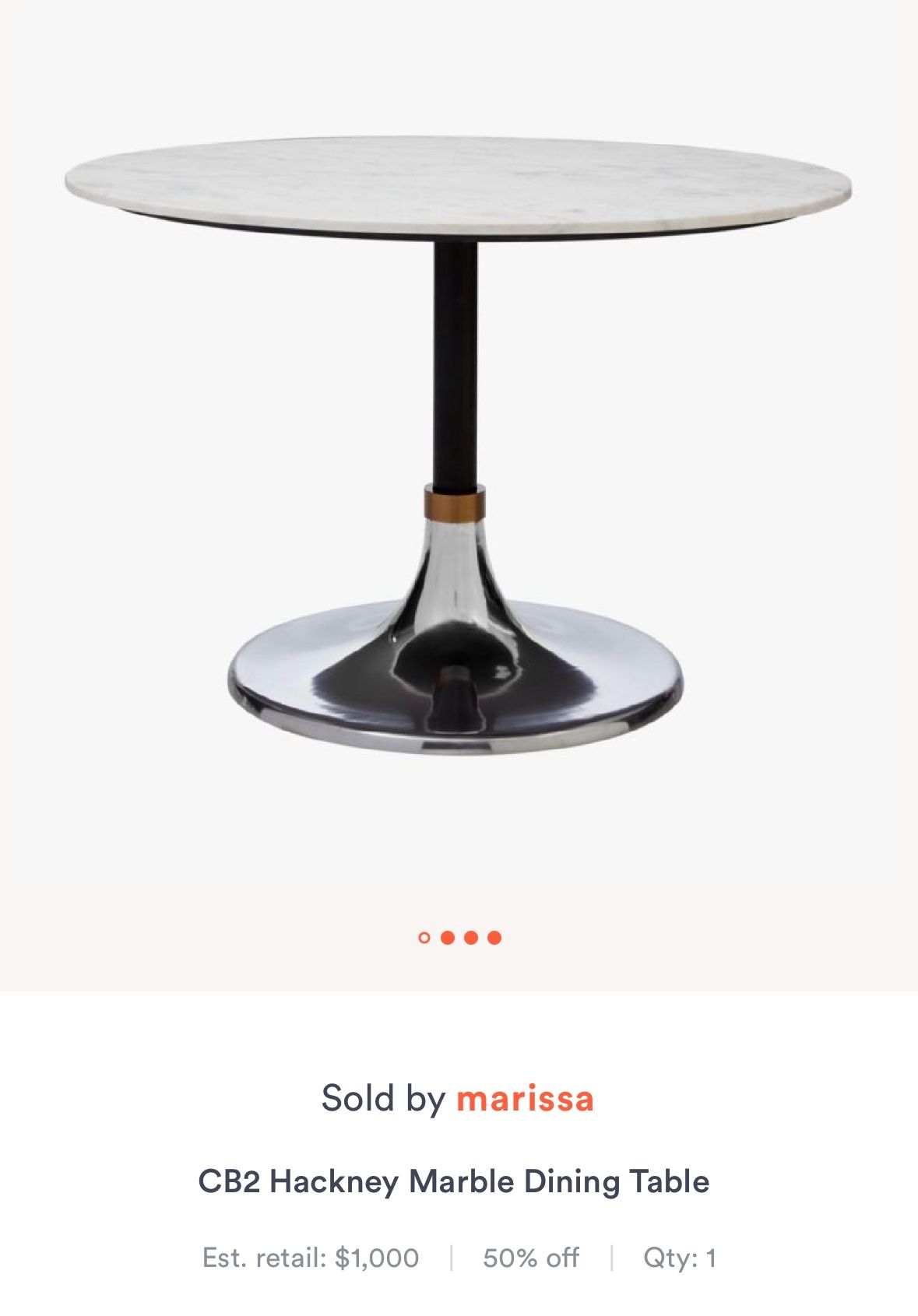 CB2 Hackney Marble Dining Table, 44”, $500 Retail