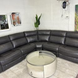 Furniture- Zero Gravity Real Top Grain Leather 5 Pc Sectional With 3 Power Recliners- Hutchenson