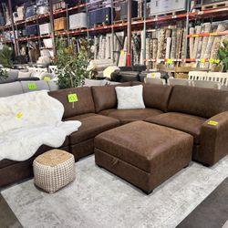 Brown Leather-Look Sectional Sofa with Ottoman – Comfortable and Stylish!