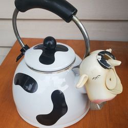 Vintage M Kamenstein Cow Tea Kettle Enamel Whistling Teapot