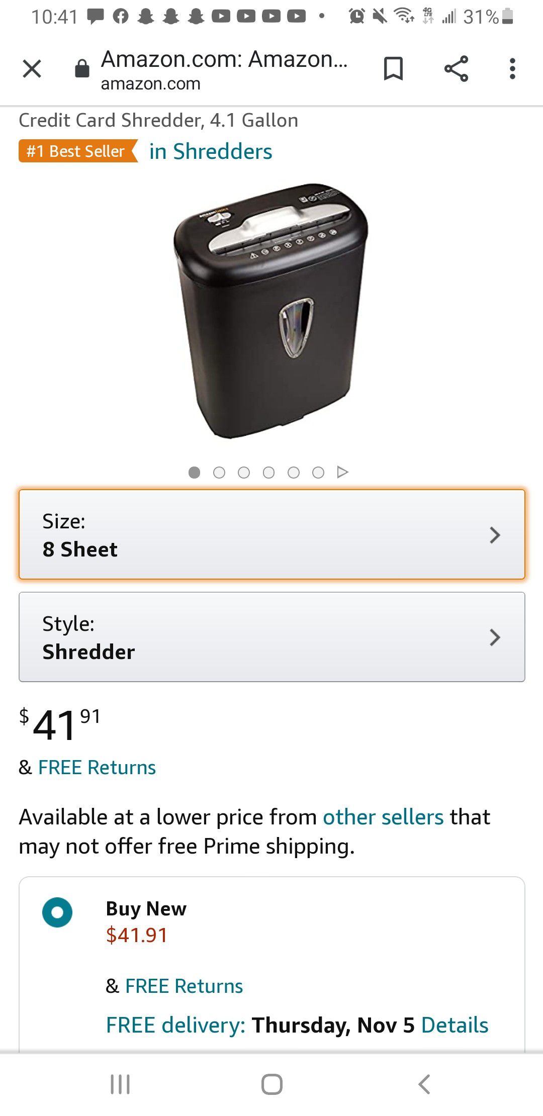 AmazonBasics 8-Sheet Capacity, Cross-Cut Paper and Credit Card Shredder, 4.1 Gallon