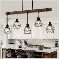5-Light Kitchen Island Lighting Hanging for Farmhouse Linear Chandeliers,Dining Room Light Fixture/Chandelier Over Table,Matte Black Rustic Wood Ceili
