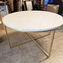 Round Marble-Look Coffee Table w/ Gold Metal Base – Modern Glam Style