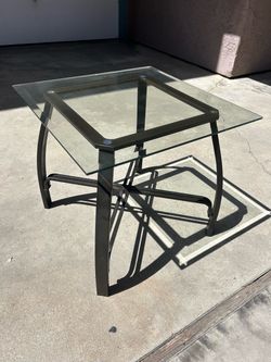 Two Modern Glass Top End Tables / Side Tables – Black Metal