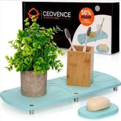NEW! Quick-Dry Diatomite Stone Sink Tray 2 piece Set - 16x6”, 5"x3" (Teal with raised silver legs)