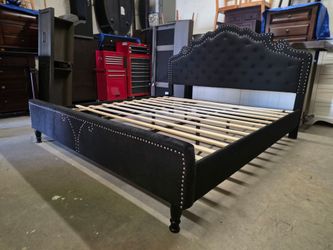 Black Upholstered Tufted King Size Platform Bed Frame
