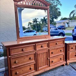 Solid Wood Dresser With Mirror & Matching Nightstand