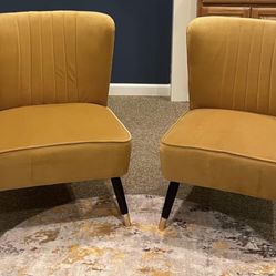  2 Contemporary Velvet Upholstered Accent Chairs, Gold