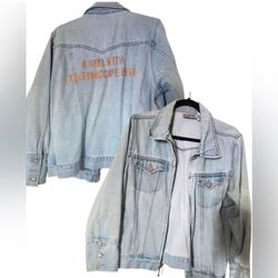 Vintage 90s Zip Up Custom Painted Beatles Song Denim Jacket Sz Med