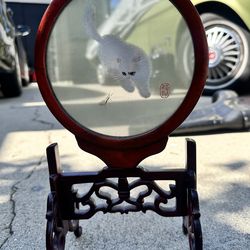 Vintage Silk Embroidered Cat Art – Small Round Frame with Stand