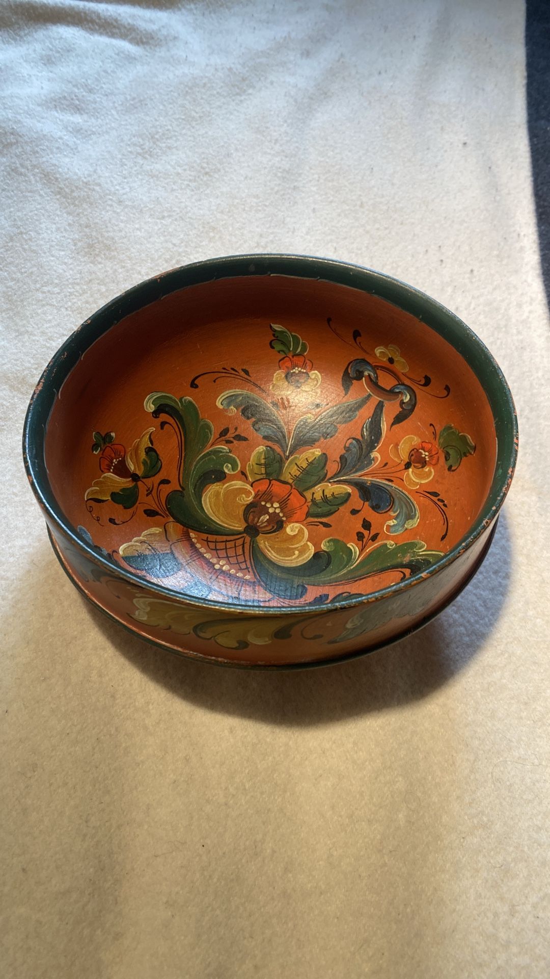 Antique Norwegian rosemaling wood ale bowl
