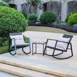 New 3pc Outdoor Patio Rocking Bistro Set Wicker Iron 