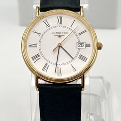 Vintage 1983 Longines quartz movement watch 37mm size case, 9in size wrist leather band 