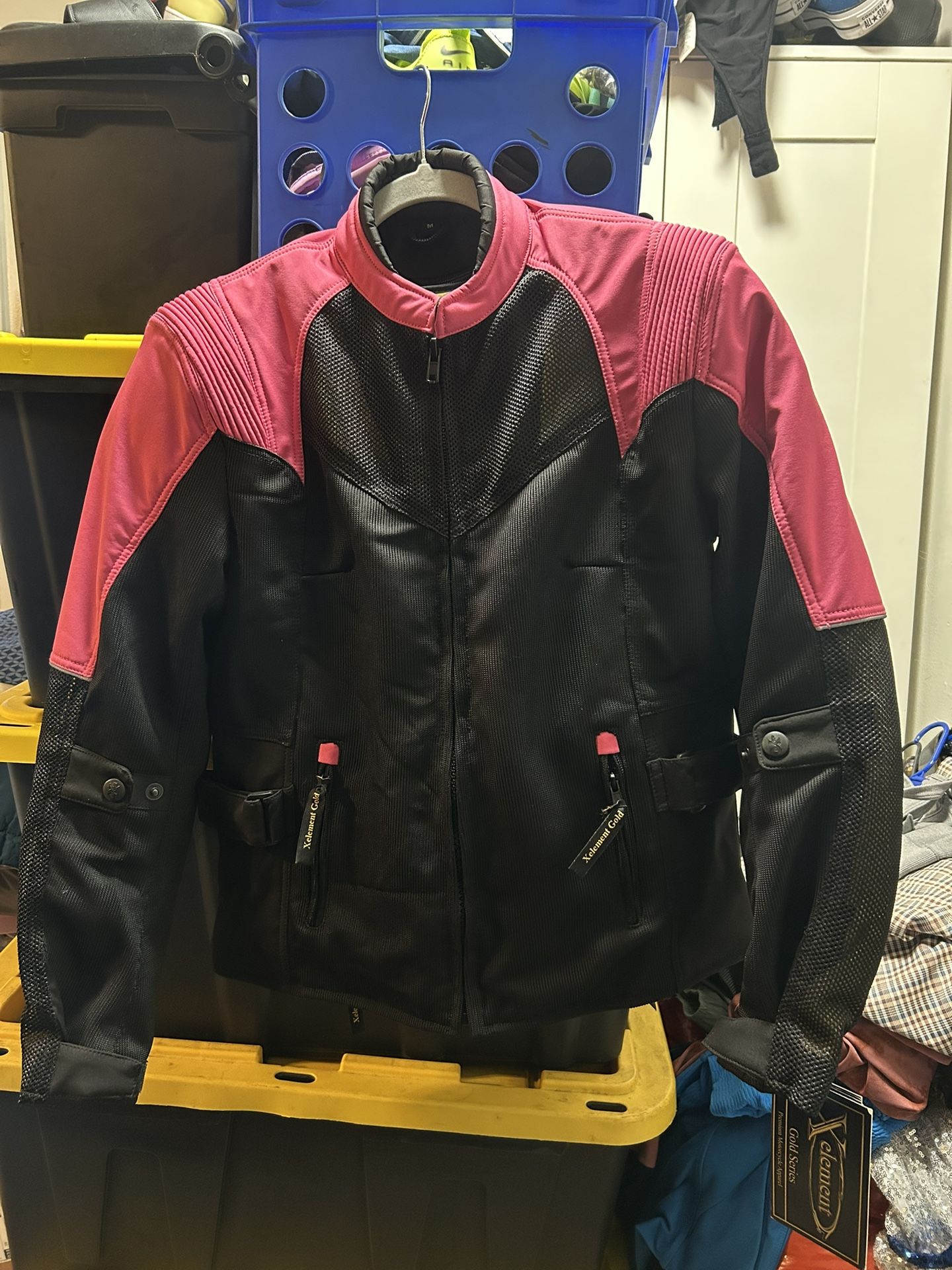 pink and black leather biker jacket