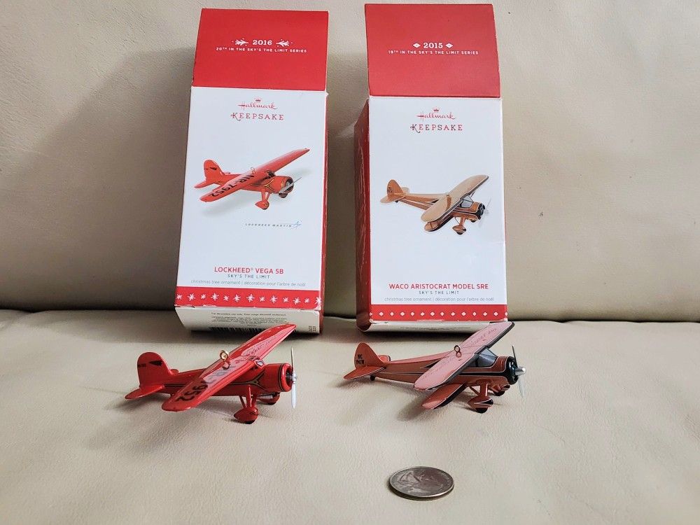 Airplanes Ornament 2015 WAKO Aristocrat And 2016 LOCKHEED Vega 5B Hallmark Keepsake 