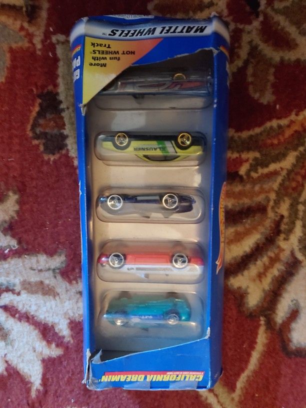 Hot Wheels California Dreamin'" 5-car gift pack from 1996. Hot Wheels were conceived to be "hot rod" cars with customization, unlike Matchbox cars, wh