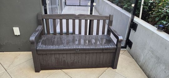 Keter Outdoor Storage Bench and cushions