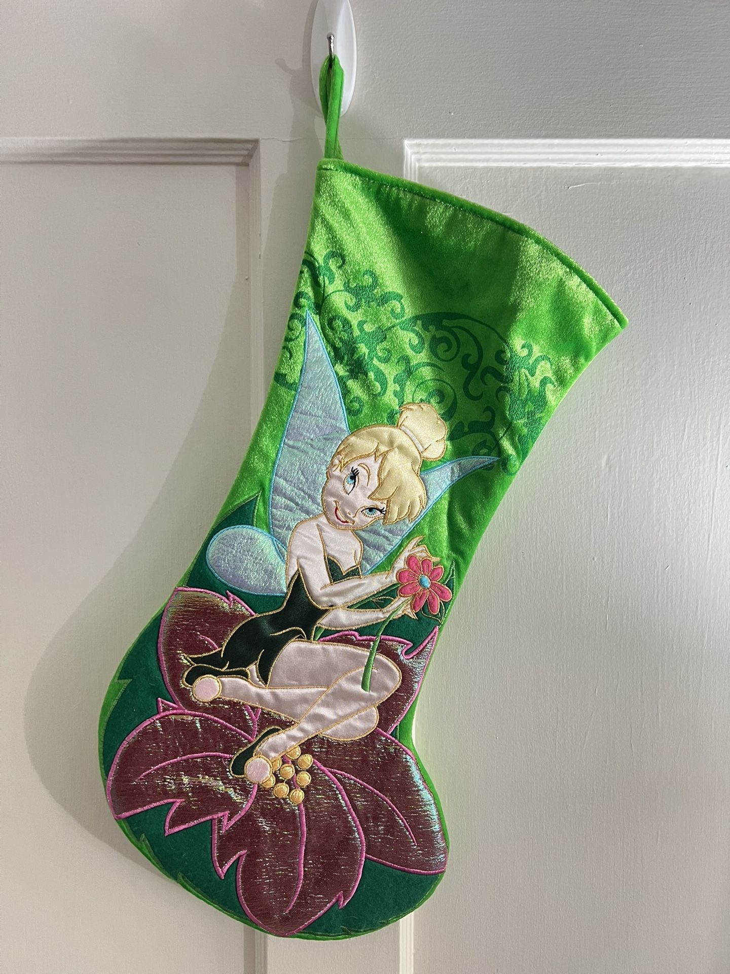 Disney Tinker Bell Girls Christmas Stocking Velvet Metallic Poinsetta