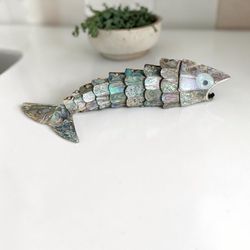 From Taxco Mexico Vintage articulated fish bottle opener, handcrafted in Mexico features iridescent abalone shell inlay