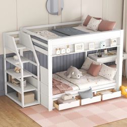 Merax Wood Full Over Full Convertible Bunk Bed with Storage Staircase, Bedside Table and 3 Drawers, White