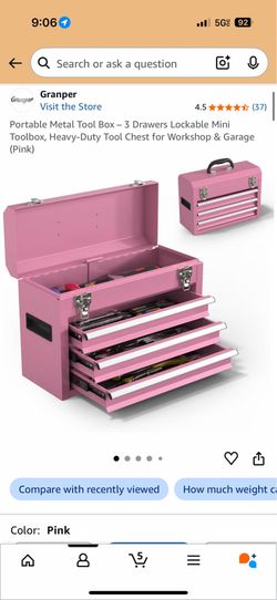 Granper Pink 3-Drawer Portable Metal Tool Box – Lockable Heavy-Duty Tool Chest