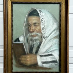 ⭕️ J.C. Paik Pastel Portrait of Rabbi in Prayer Shawl – Framed 23x17