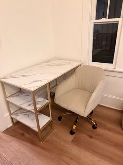 Marble top office desk + grey velvet office chair with gold accents
